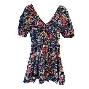 Gilner Farrar XS Floral Navy Puff Sleeve Mini Dress Ruched Bodice & Tiered Skirt